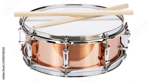 Fotografie Copper snare drum with wooden drumsticks on top