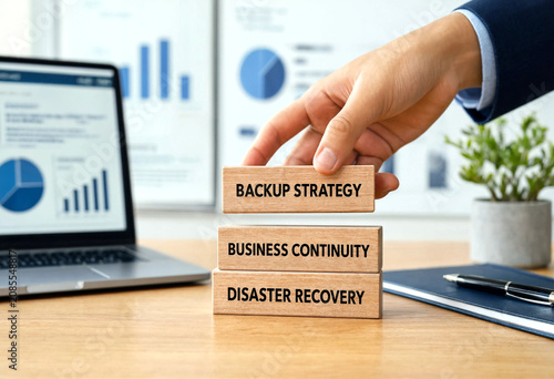 Business professional placing wooden blocks with backup strategy business continuity and disaster recovery concepts on desk
