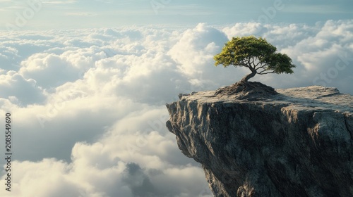 A solitary tree perched atop a dramatic cliff, overlooking a vast expanse of clouds