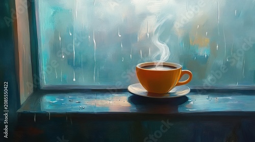 Warm coffee on rainy windowsill