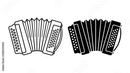 Photos Accordion Icon Set: A pair of graphic representations of an accordion, one outlined and the other filled, showcasing the distinct bellows and buttonboard of the musical instrument