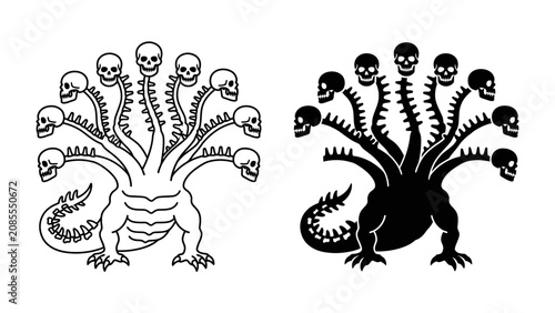 Bild auf Leinwand Hydra Creature of Skulls: A mythical hydra creature, depicted with multiple heads each bearing a skull, presented in both outline and silhouette form, representing a dark and formidable entity