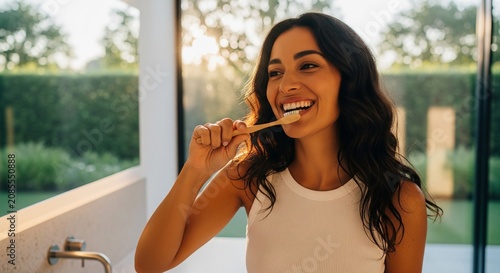 A young brunette woman standing indoors by a large window with a garden view, smiling while brushing her teeth with a wooden toothbrush