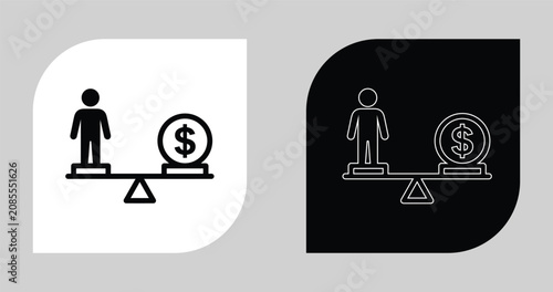 Human figure and dollar coin balancing on scale vector icon with priority business comparison decision investment importance