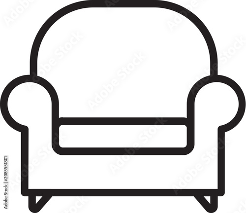 Minimalist outline icon of a classic armchair featuring rounded backrest wide armrests and sturdy legs representing comfort.