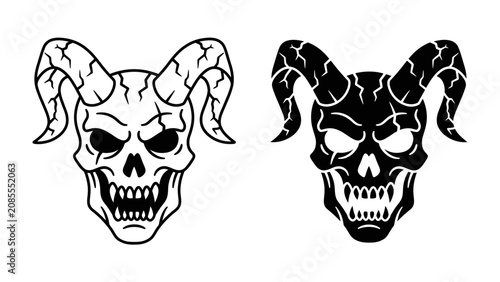 Billede på lærred Demon Skull Icon: A sinister demon skull featuring menacing eyes and sharp fangs, adorned with formidable, cracked horns