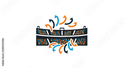 Vibrant Stadium with Cheering Spectators, Flying Arrows and Confetti for Sports Celebration, isolated white background.