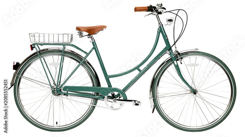 Foto Green cruiser bicycle with brown leather seat and front basket