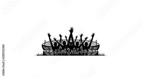 Silhouette Stadium Crowd Cheering with Raised Hands at a Sports or Music Event, isolated white background.