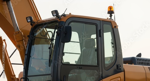 Close-up view of an orange excavator cab with windows, mirrors, and safety lights, showcasing construction equipment detail.