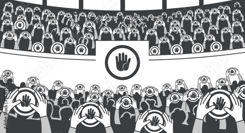 Monochromatic Stadium Crowd Protesting with Raised Hands and Stop Hand Signs, in bright studio.