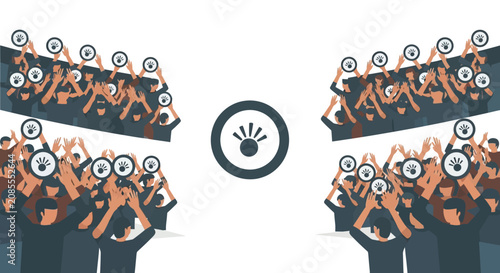 Diverse Crowd of People with Raised Hands and Signs Protesting or Cheering with Central Hand Icon, in bright studio.
