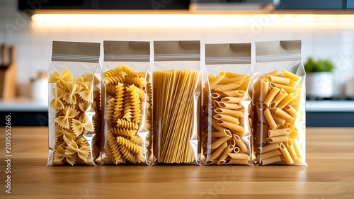 Five various types of dry pasta in transparent packaging on kitchen counter
