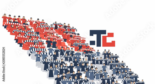 Large Stadium Crowd of Diverse People in Red, Blue, and White, Cheering at a Sports Event with TC Logo, isolated white background.