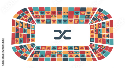 Aerial view of a rectangular stadium with colorful abstract seating and a central 