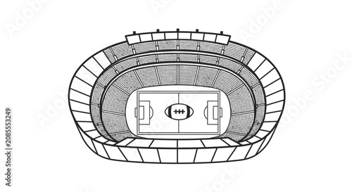 Outline drawing of an American football stadium with empty stands and field, isolated white background.