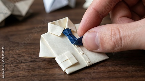Close up of hand adjusting blue tie on paper origami shirt model