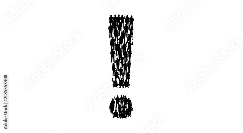 Exclamation mark formed by a large group of diverse people icons, isolated white background.