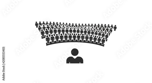 Large group of people icons forming a curved line above a single leader figure, isolated white background.