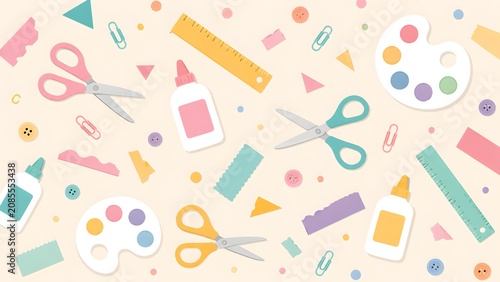 Back to school and craft supplies pattern cute vector illustration of scissors, glue, rulers, paint palettes, and stationery on beige background