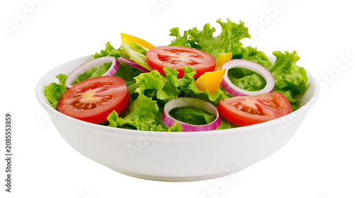Fotografie Fresh garden salad with tomatoes onions, and bell peppers in white bowl