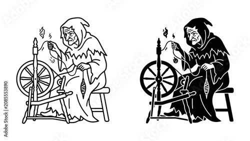 Photos Witch Spinning Yarn: An illustration of a witch in a hooded robe diligently spinning yarn on a spinning wheel, with flames on top of her head, depicting a classic folklore scene