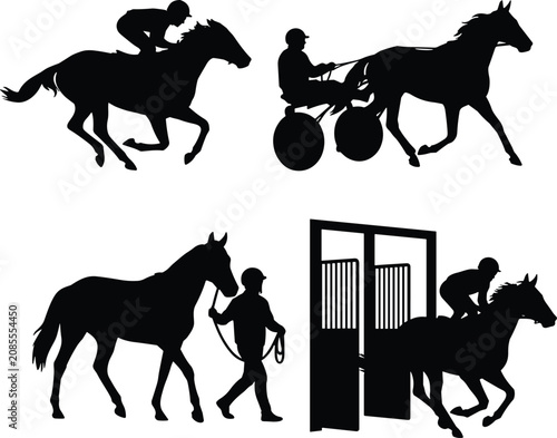 Obraz na plátně Black silhouette collection of horse racing icons including jockey riding harnes