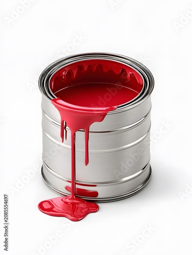 Overfilled paint can with drippy red paint flowing down the sides, creating a bright mess.