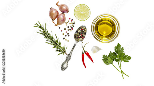 Shallots peppercorns rosemary chili peppers garlic lime olive oil, parsley