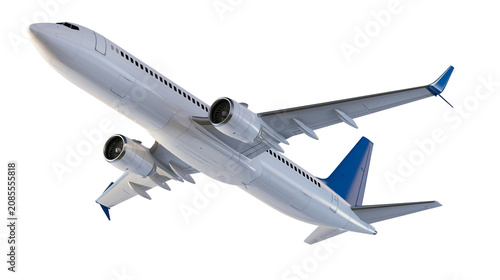 Modern passenger jet airplane with blue tail in flight