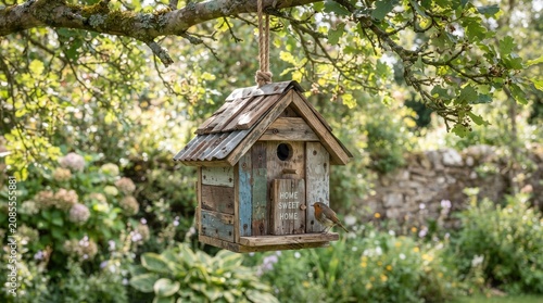 Rustic handcrafted birdhouse made from reclaimed wood hanging from a tree branch in a sun-drenched cottage garden with a small wild bird perched at the entrance.
