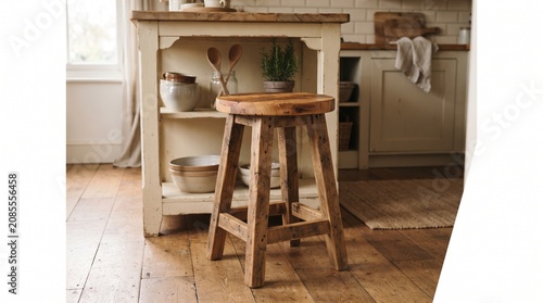 Handcrafted rustic wooden bar stool made from reclaimed timber positioned in a cozy farmhouse kitchen featuring a vintage island and natural wide-plank flooring.
