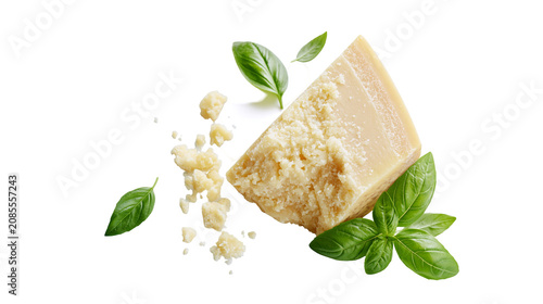 Canvas Print Parmesan cheese wedge with basil leaves and crumbs
