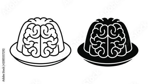 Bild auf Leinwand Brain Jelly Mold Icon: A graphic representation of a jelly mold shaped like a human brain, presented in both outline and solid black variations
