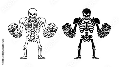 Tableau sur toile Strong Skeleton Duo: Two powerful skeletons, one outlined in black and white, the other in solid black, flex their bicep muscles, showcasing their formidable strength and skeletal structure