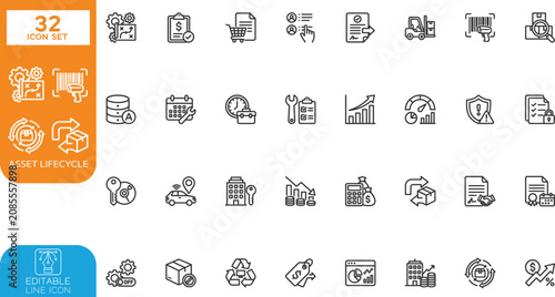 Asset lifecycleEditable line Vector illustration icon set. Contain icons related to asset, lifecycle, value, phase, service, repair, planning, acquisition, maintenance, optimization, and more . 