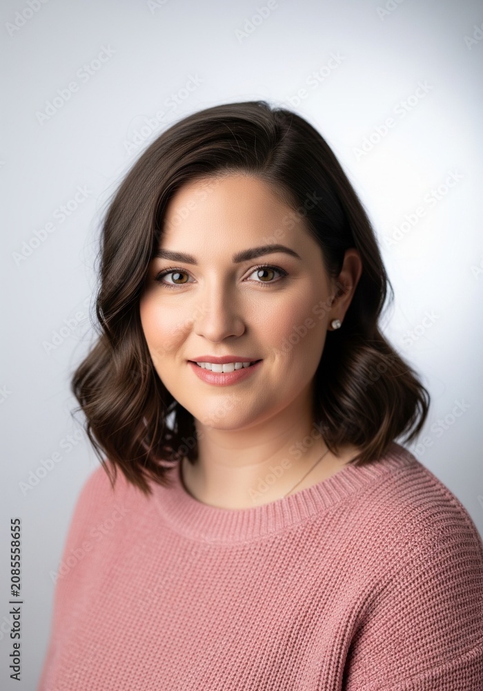 Fototapeta premium Studio portrait of an attractive smiling woman with wavy dark hair wearing a cozy pink knit sweater against a white backdrop