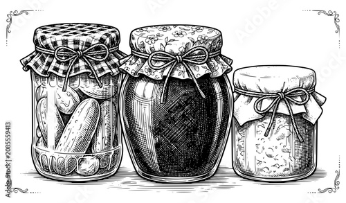 Bild auf Leinwand Vintage Preserve Jars Engraving Vector Illustration EPS10
