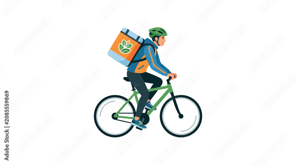 Fototapeta premium Bicycle courier riding a green bike with thermal backpack for eco-friendly food delivery service flat vector illustration.