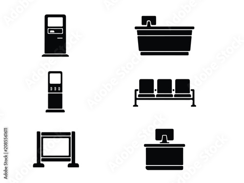 Bank interior icon set, financial service terminal and reception desk vector, waiting area seating and ATM kiosk silhouettes for banking UI