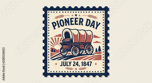 Vintage Pioneer Day Postage Stamp Vector with Covered Wagon