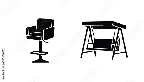 Foto Modern furniture silhouette icons, black bar stool with footrest and outdoor gar