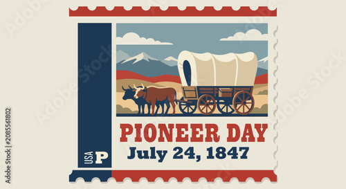 Vintage Pioneer Day Postage Stamp with Covered Wagon and Oxen