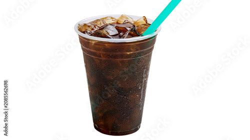 Fotografie Cold cola drink with ice cubes and straw in plastic cup