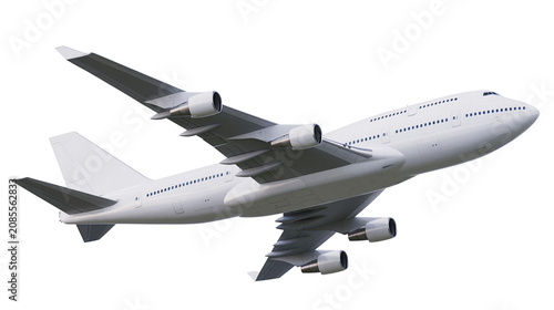 Fotografía White jumbo jet airplane with four engines in flight