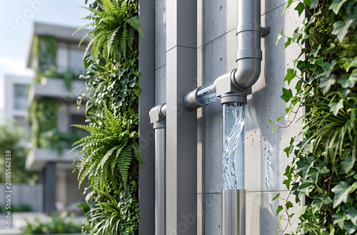 Modern architectural rainwater harvesting system with steel filters integrated into a sustainable green building wall