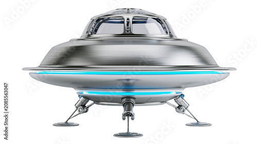 Fotografi Silver flying saucer with blue lights and landing gear