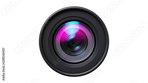 Foto Camera lens with purple and blue light reflections on glass