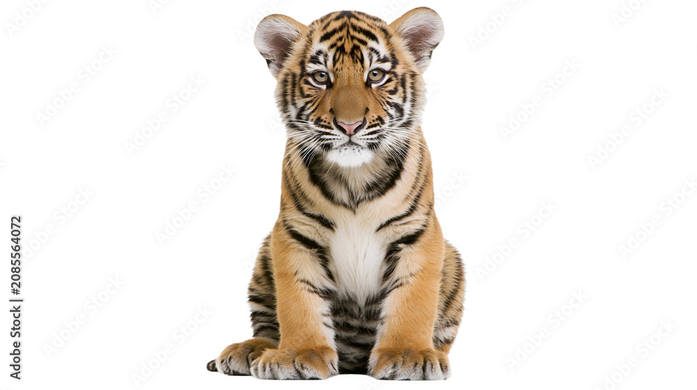 Obraz premium Tiger cub sitting facing forward with black stripes and orange fur