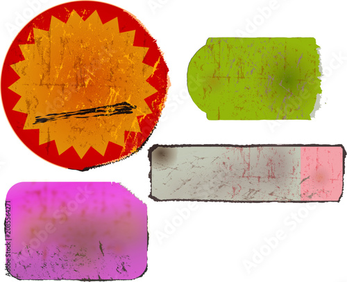 set of empty grungy adhesive price stickers, multicolored price tags, with free copy space, isolated transparent background